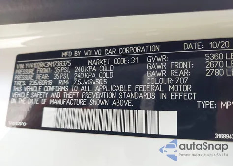 2021 Volvo Xc60 T5 Momentum z USA, uszkodzony, nr VIN YV4102RK3M1738375